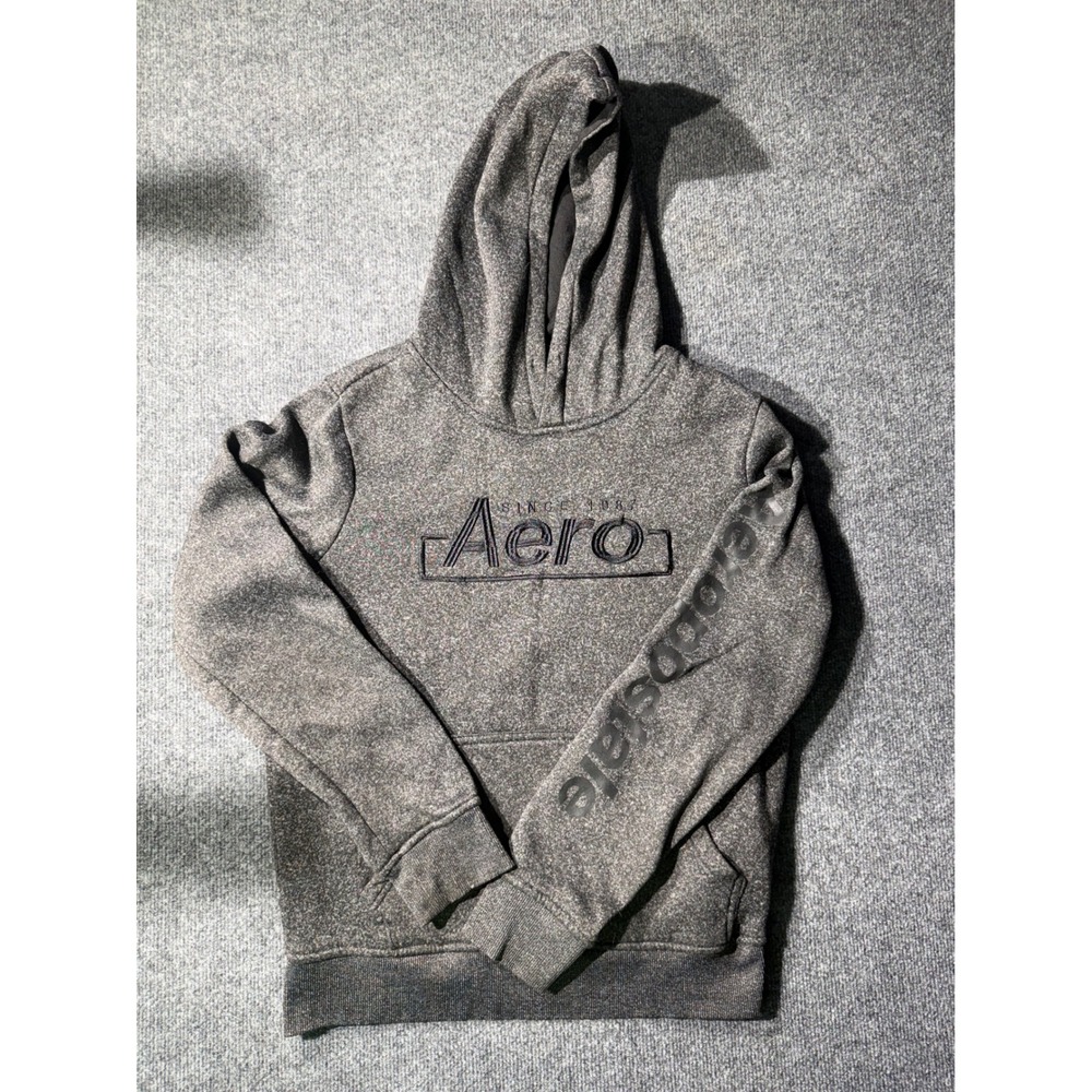 Aeropostale Hoodie Mens Medium Grey‎ Excellent Pullover Aero Logo Sleeve Graphic